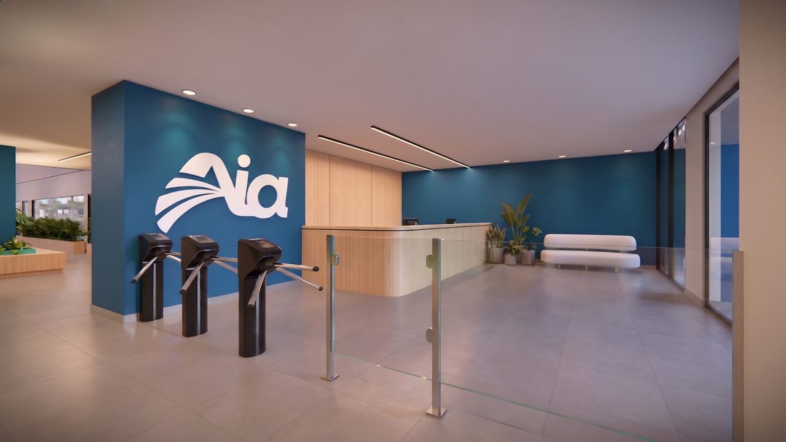 Recepção da primeira unidade Aia, com balcão de atendimento e área de espera
